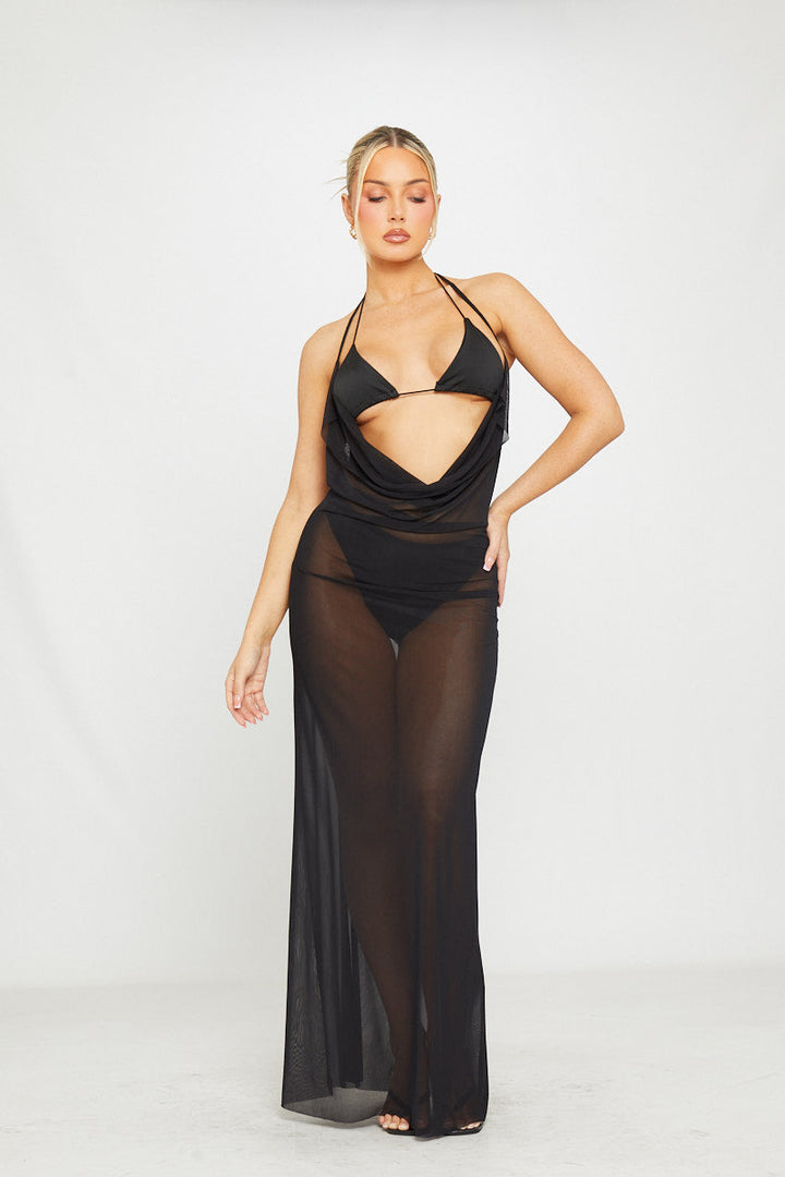 Valantomode | Black Sheer Mesh Halterneck Bikini Set for Chic Beach Style