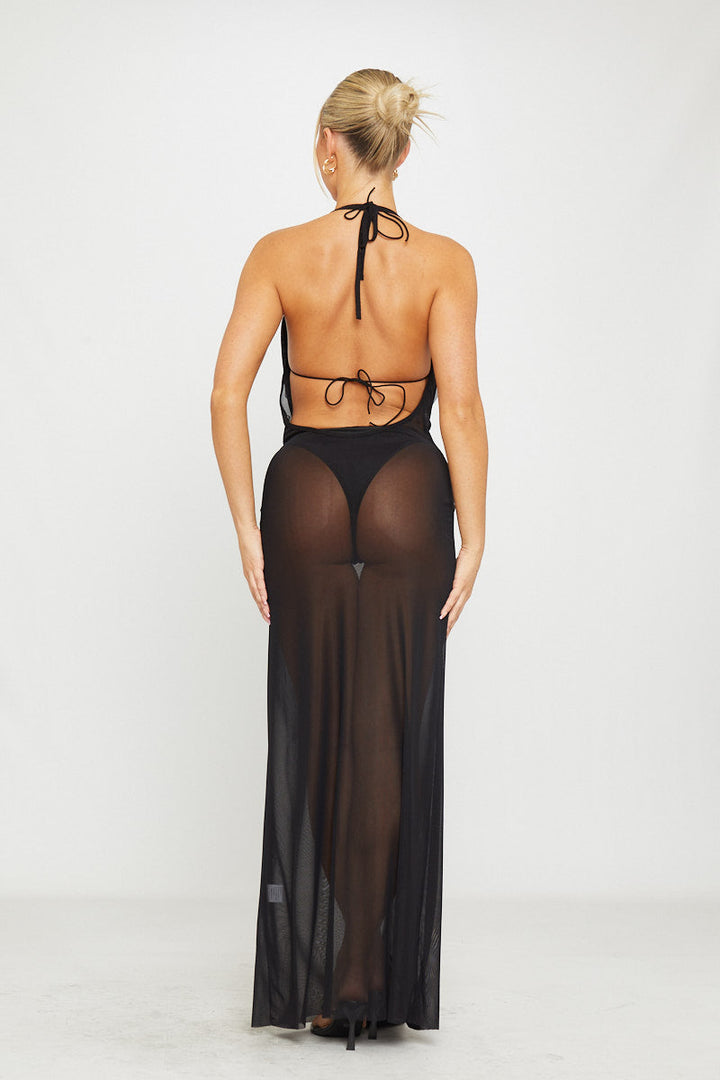 Valantomode | Black Sheer Mesh Halterneck Bikini Set for Chic Beach Style