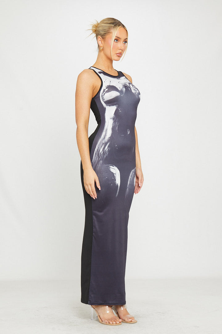 Valantomode | Sleek Black Sleeveless Maxi Dress with Body Heat Print