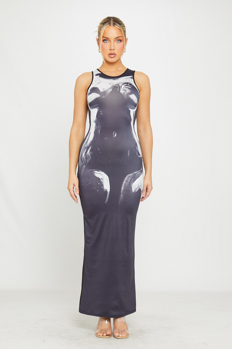 Valantomode | Sleek Black Sleeveless Maxi Dress with Body Heat Print