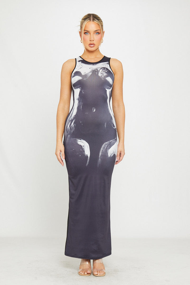 Valantomode | Sleek Black Sleeveless Maxi Dress with Body Heat Print
