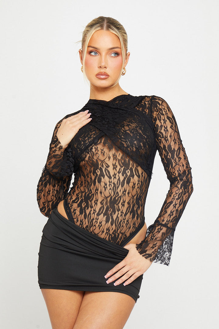 Valantomode | Elegant Black Lace Ruched Bodysuit with Flare Sleeves