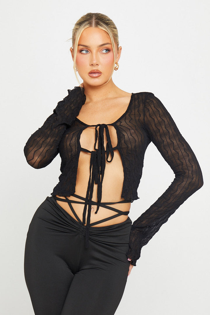 Valantomode | Elegant Black Sheer Ruffle Tie Front Long Sleeve Blouse