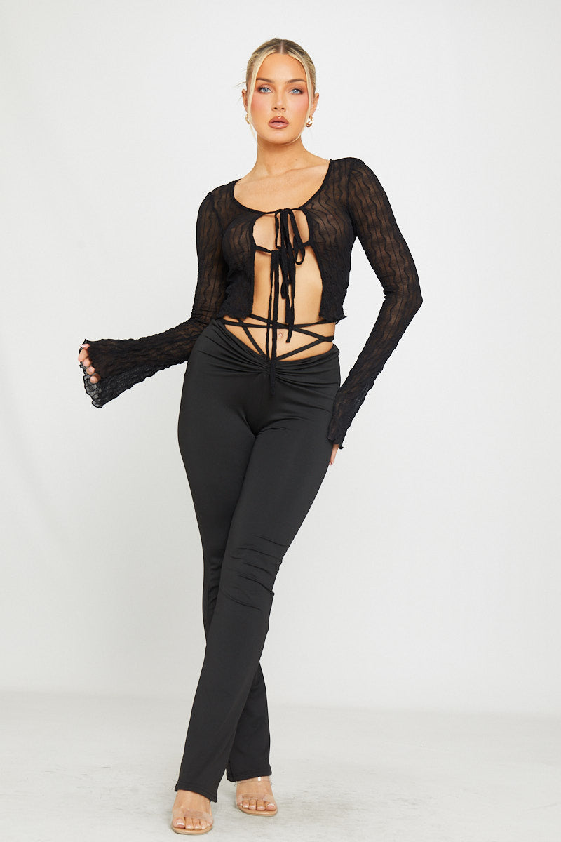 Valantomode | Elegant Black Sheer Ruffle Tie Front Long Sleeve Blouse