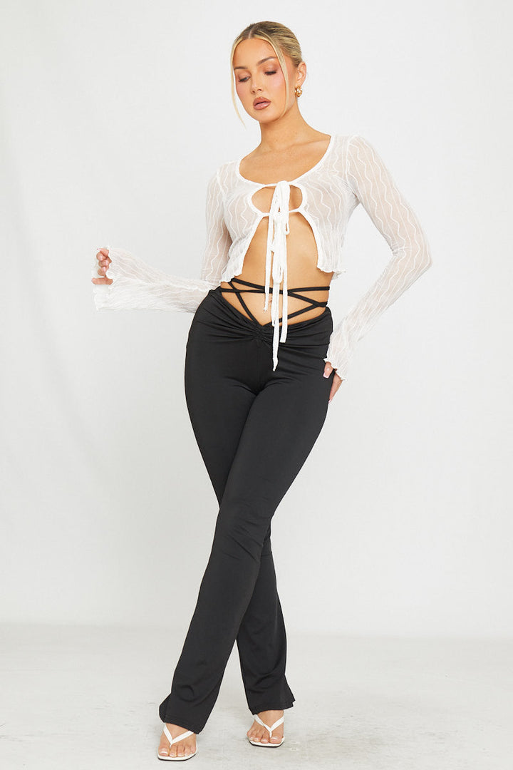 Valantomode | Elegant White Sheer Ruffle Tie-Front Long Sleeve Blouse
