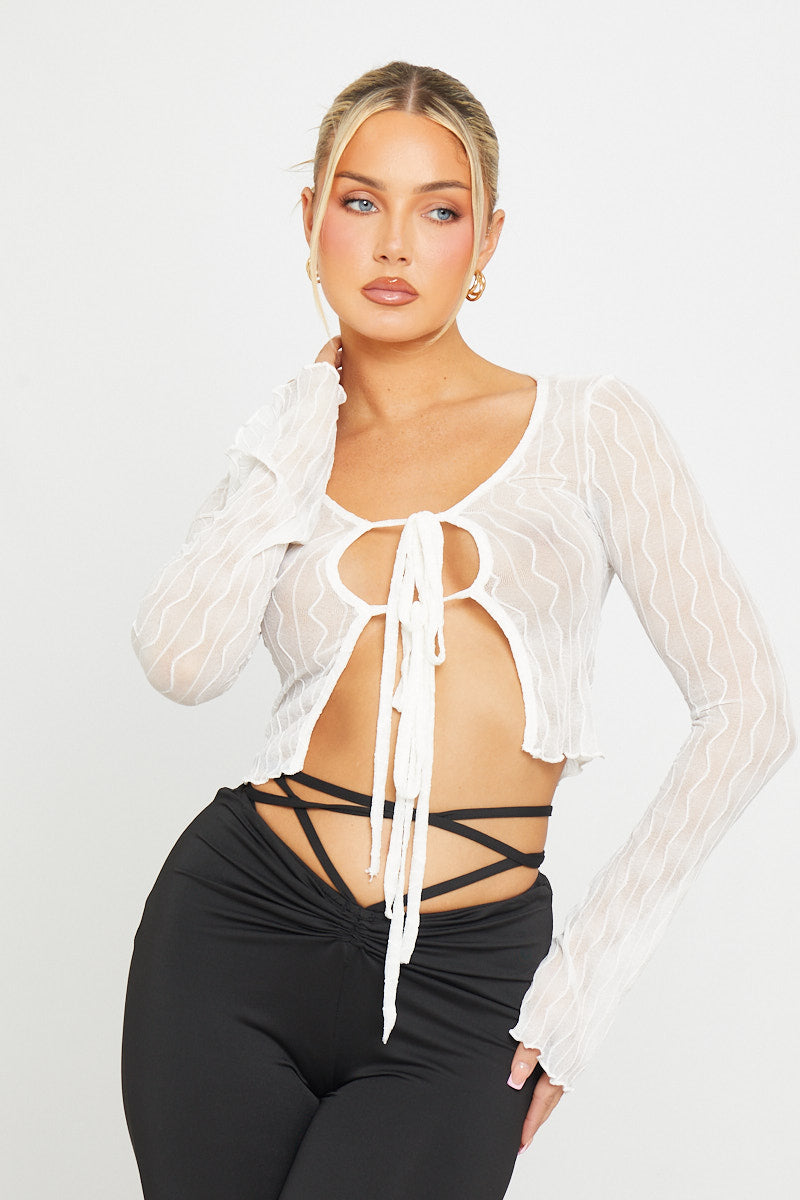 Valantomode | Elegant White Sheer Ruffle Tie-Front Long Sleeve Blouse