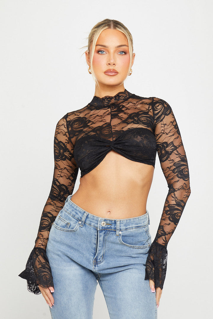 Valantomode | Elegant Black Floral Lace Twist Front Crop Top