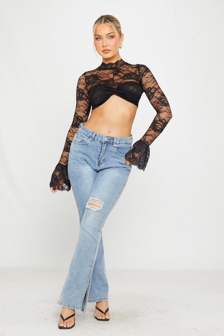 Valantomode | Elegant Black Floral Lace Twist Front Crop Top