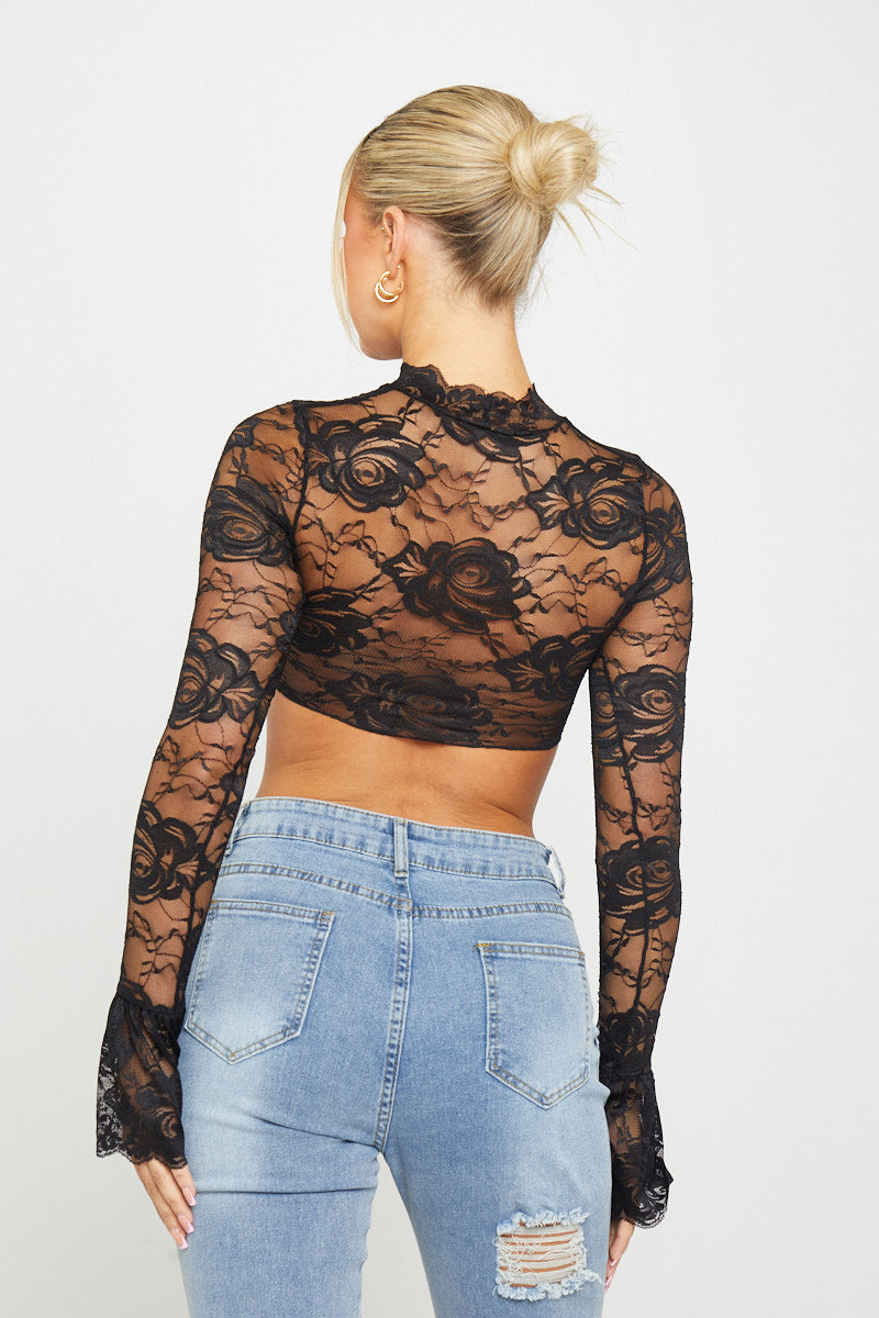 Valantomode | Elegant Black Floral Lace Twist Front Crop Top