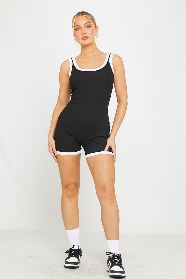 Valantomode | Ribbed Black Scoop Back Playsuit with Contrast Trim