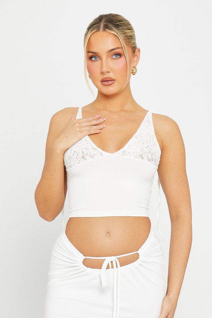 Valantomode | Elegant White Lace Crop Top with Plunge and Shoulder Ties