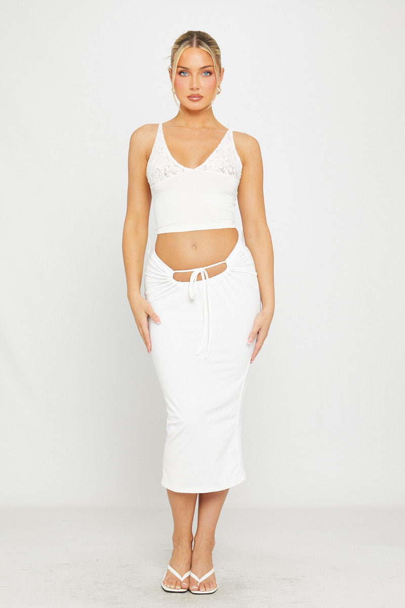 Valantomode | Elegant White Lace Crop Top with Plunge and Shoulder Ties