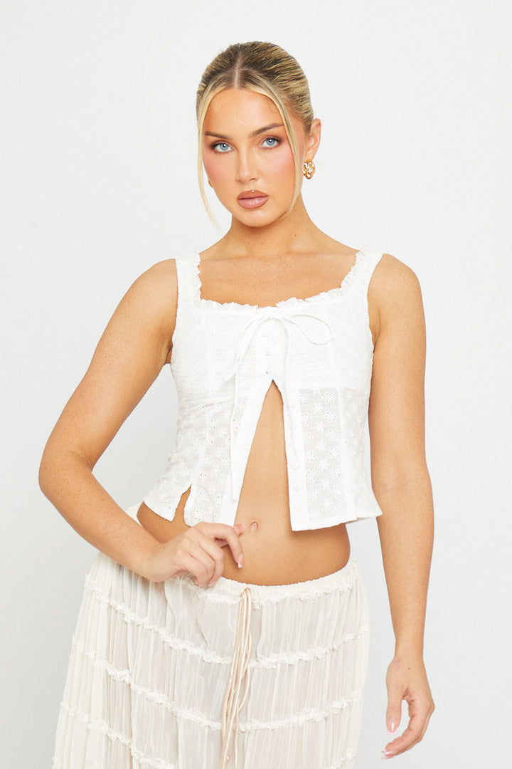 Valantomode | Chic White Floral Tie-Front Embroidered Top