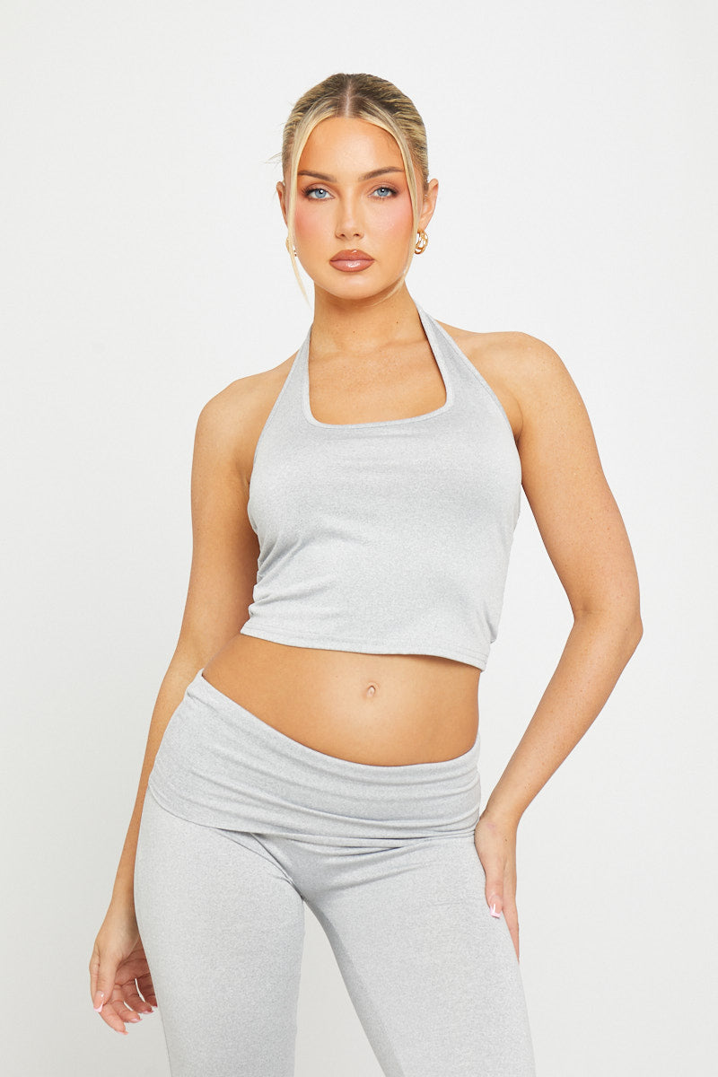 Valantomode | Chic Light Grey Fold Over Flared Leggings for Comfort