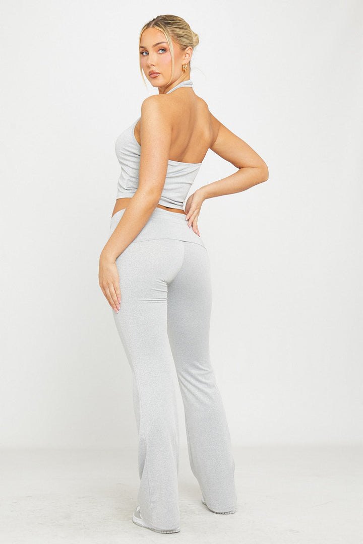Valantomode | Chic Light Grey Fold Over Flared Leggings for Comfort
