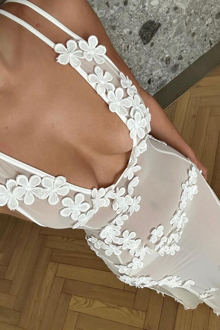 Valantomode | Elegant White Sheer Maxi Dress with Floral Thigh Split