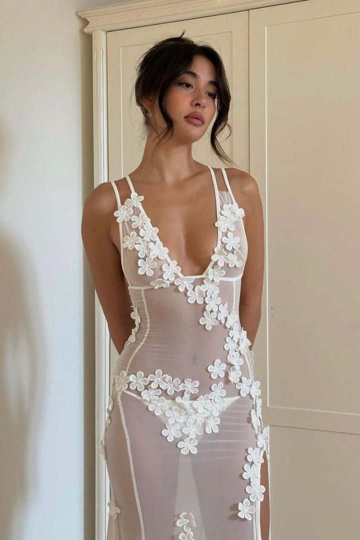 Valantomode | Elegant White Sheer Maxi Dress with Floral Thigh Split