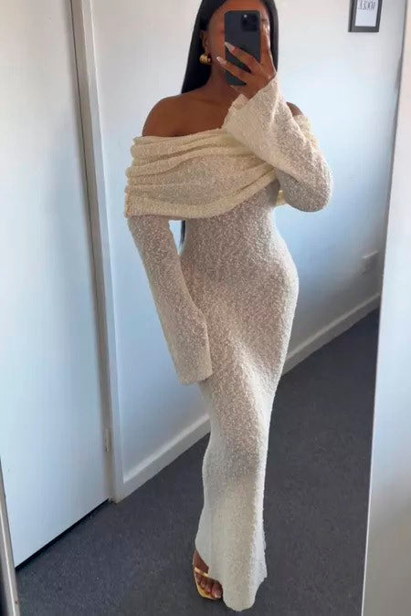 Valantomode | Chic Ivory Off-Shoulder Boucle Maxi Dress