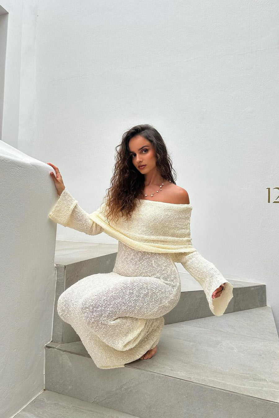 Valantomode | Chic Ivory Off-Shoulder Boucle Maxi Dress