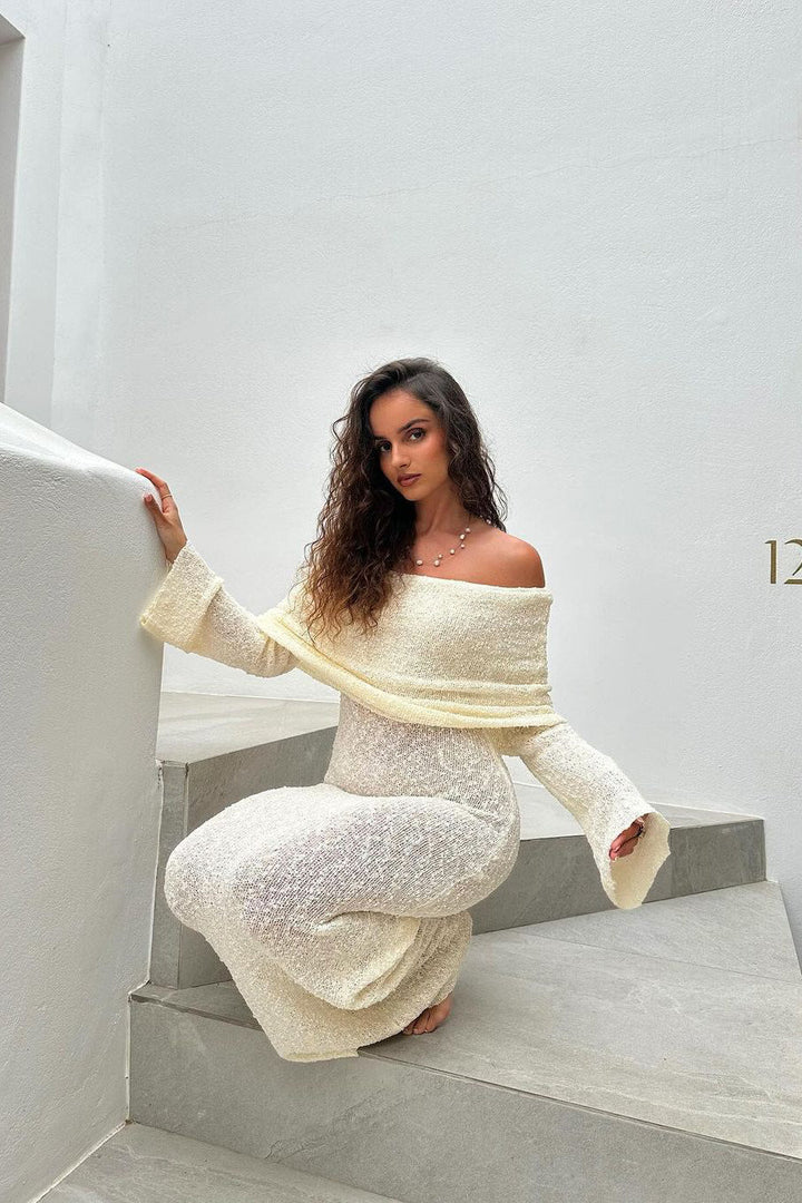 Valantomode | Chic Ivory Off-Shoulder Boucle Maxi Dress