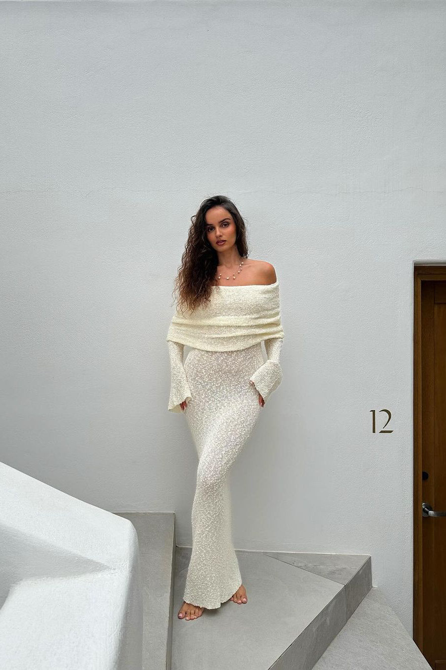 Valantomode | Chic Ivory Off-Shoulder Boucle Maxi Dress
