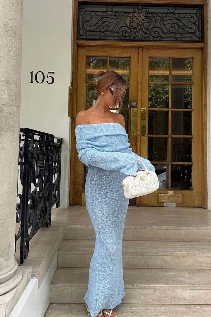 Valantomode | Chic Light Blue Off-Shoulder Boucle Maxi Dress