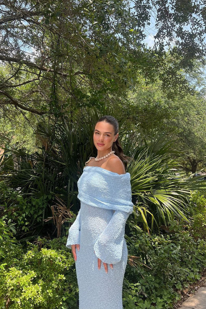 Valantomode | Chic Light Blue Off-Shoulder Boucle Maxi Dress