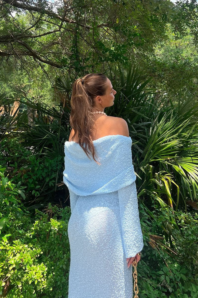 Valantomode | Chic Light Blue Off-Shoulder Boucle Maxi Dress