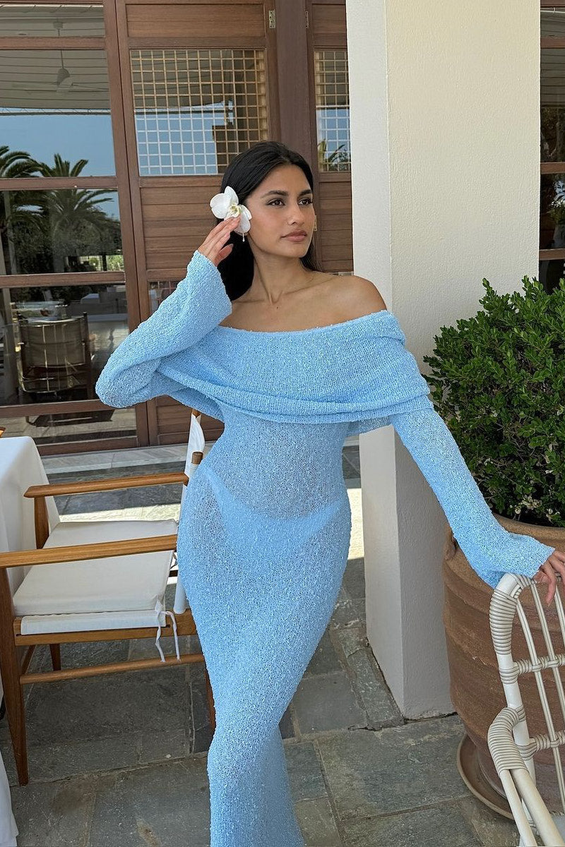 Valantomode | Chic Light Blue Off-Shoulder Boucle Maxi Dress