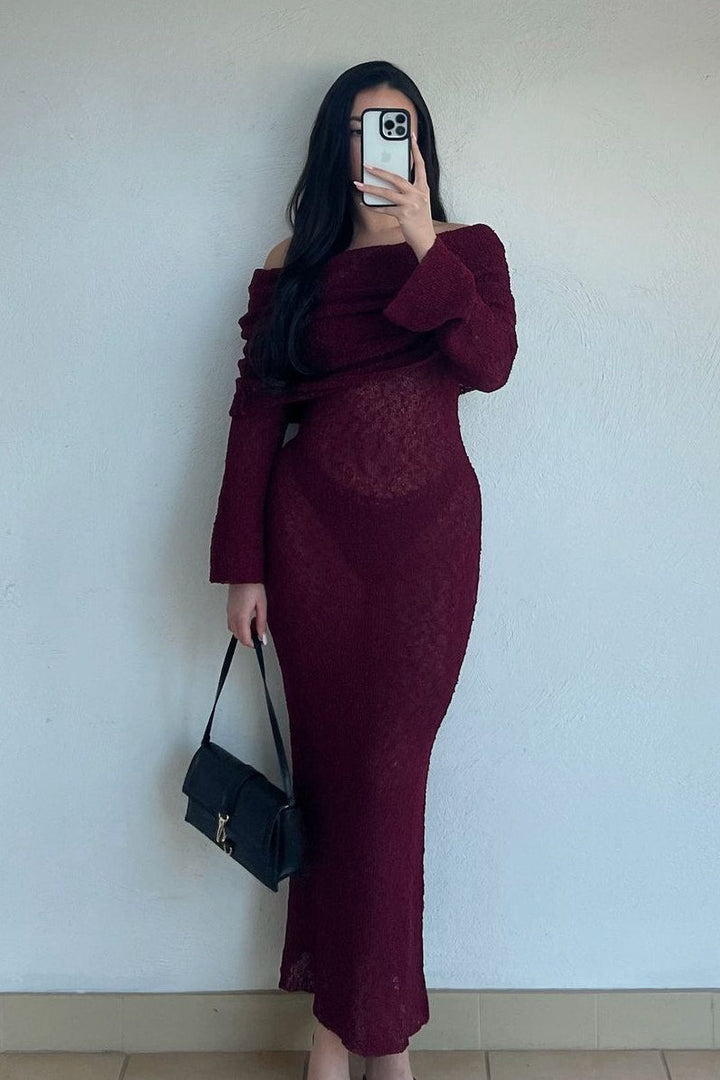 Valantomode | Chic Plum Off-Shoulder Boucle Maxi Dress