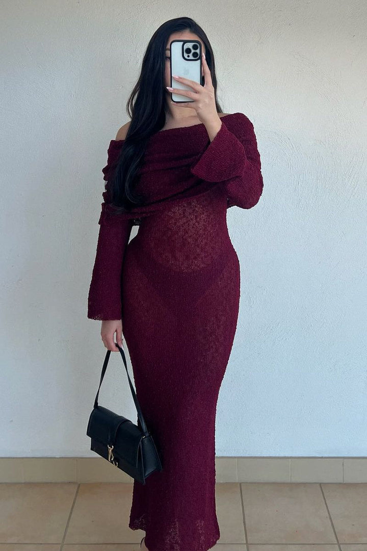 Valantomode | Chic Plum Off-Shoulder Boucle Maxi Dress