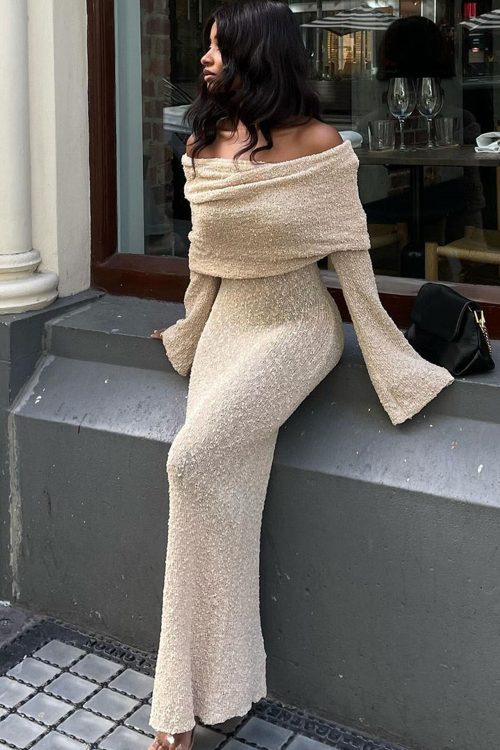 Valantomode | Chic Off-Shoulder Boucle Maxi Dress in Wheat Knit