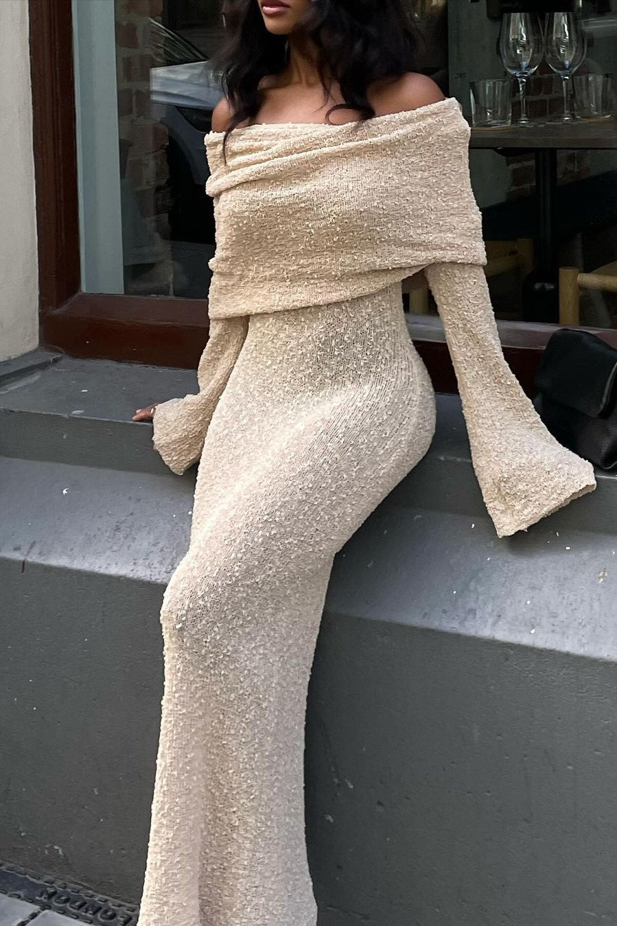 Valantomode | Chic Off-Shoulder Boucle Maxi Dress in Wheat Knit