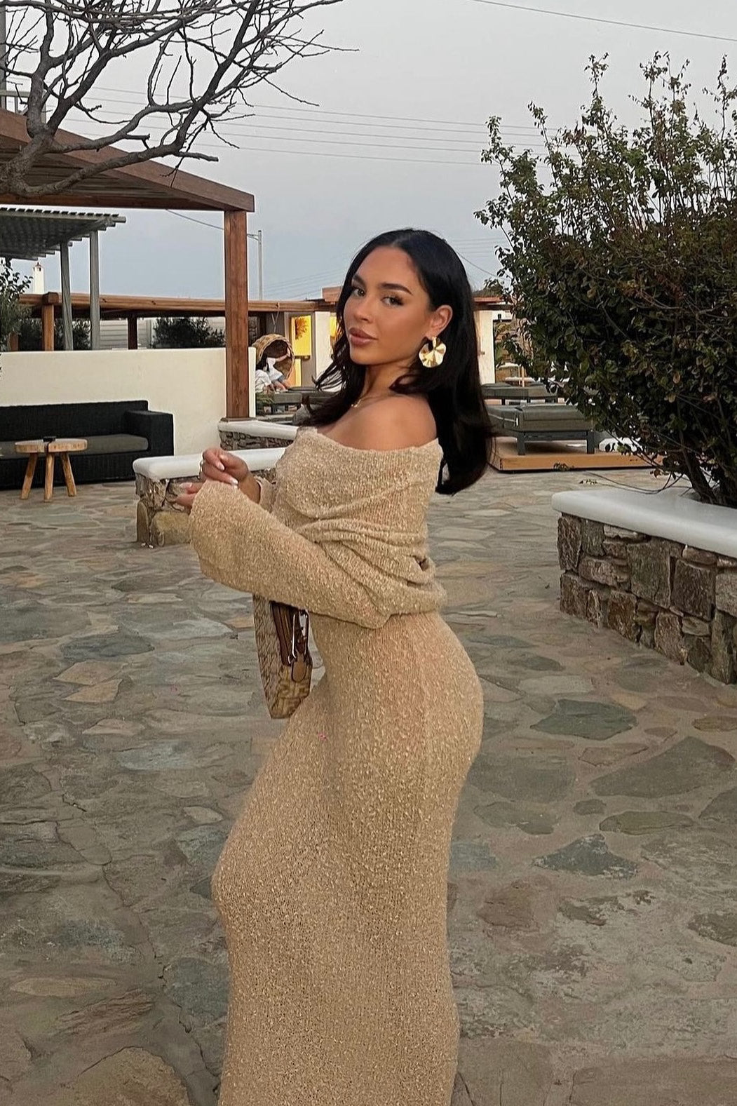 Valantomode | Chic Off-Shoulder Boucle Maxi Dress in Wheat Knit
