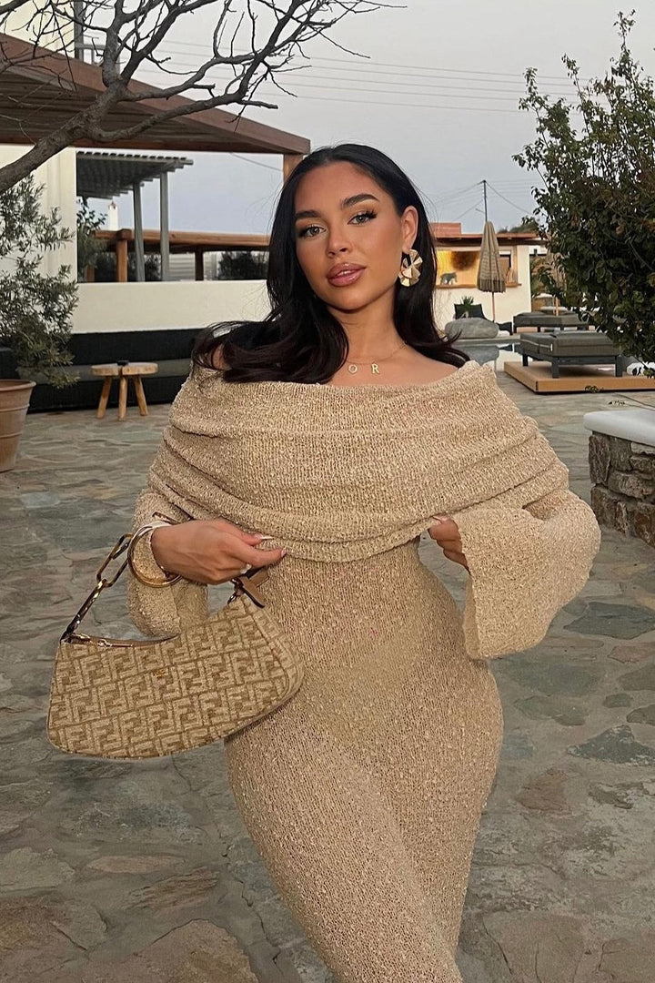 Valantomode | Chic Off-Shoulder Boucle Maxi Dress in Wheat Knit