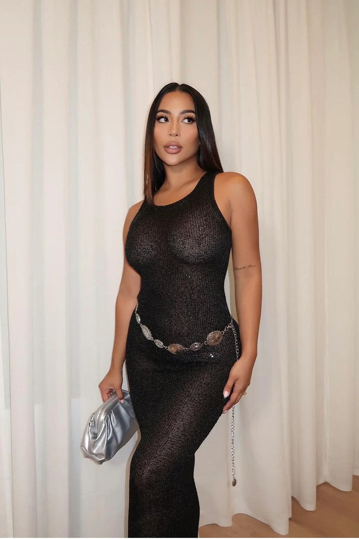 Valantomode | Elegant Black Sheer Sequin Maxi Dress for Stunning Nights