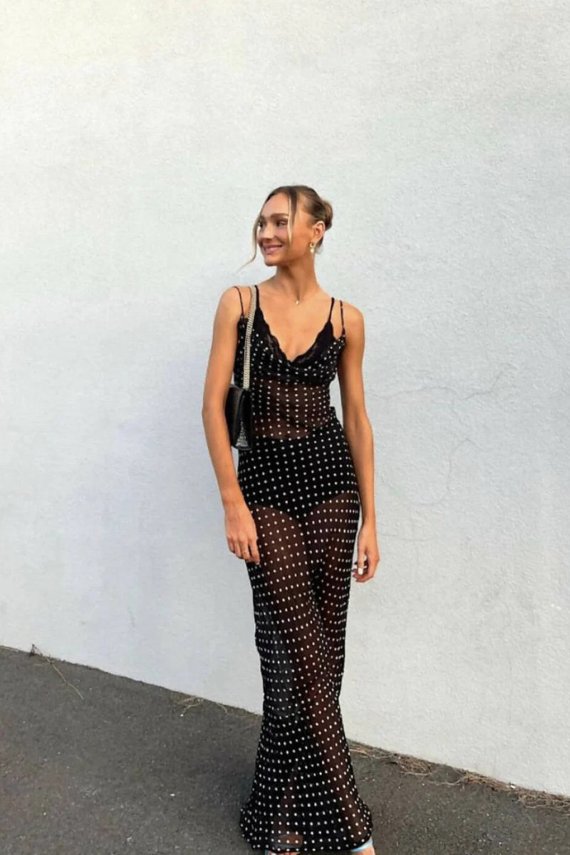 Valantomode | Chic Black Polka Dot Cowl Neck Maxi Dress