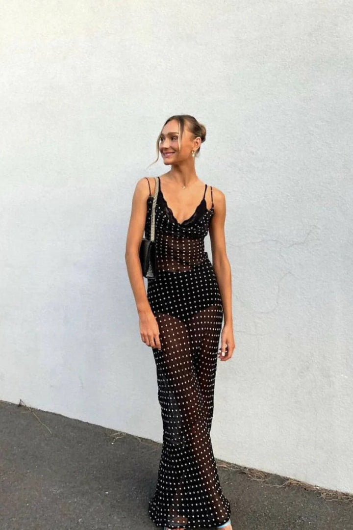 Valantomode | Chic Black Polka Dot Cowl Neck Maxi Dress