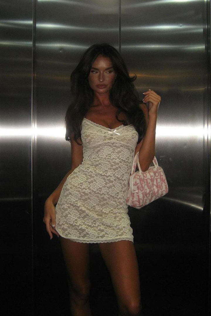 Valantomode | Elegant White Sheer Lace Mini Dress with Bustier Cami