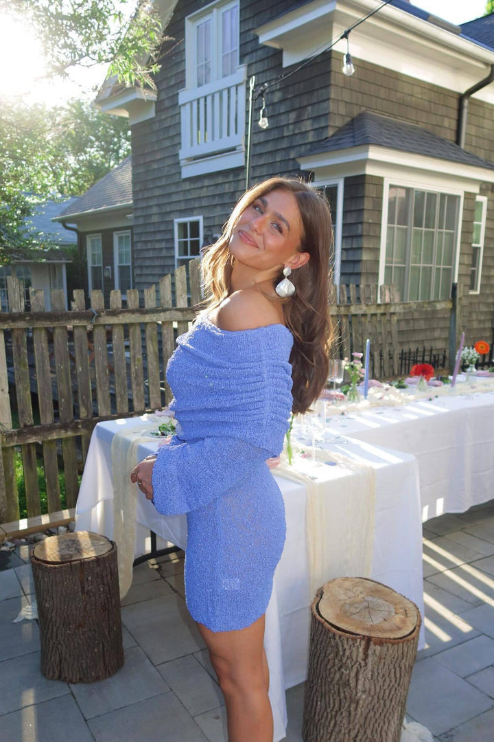 Valantomode | Chic Blue Off-Shoulder Boucle Mini Dress for Effortless Style