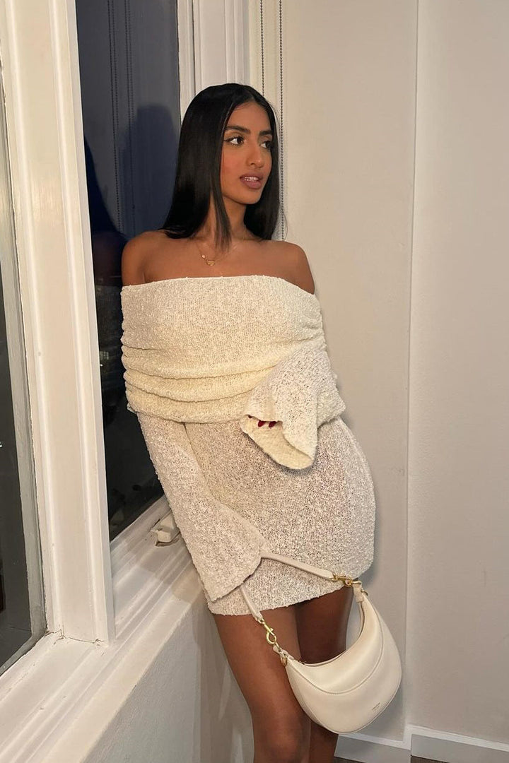 Valantomode | Chic Ivory Off-Shoulder Boucle Mini Dress for Effortless Style