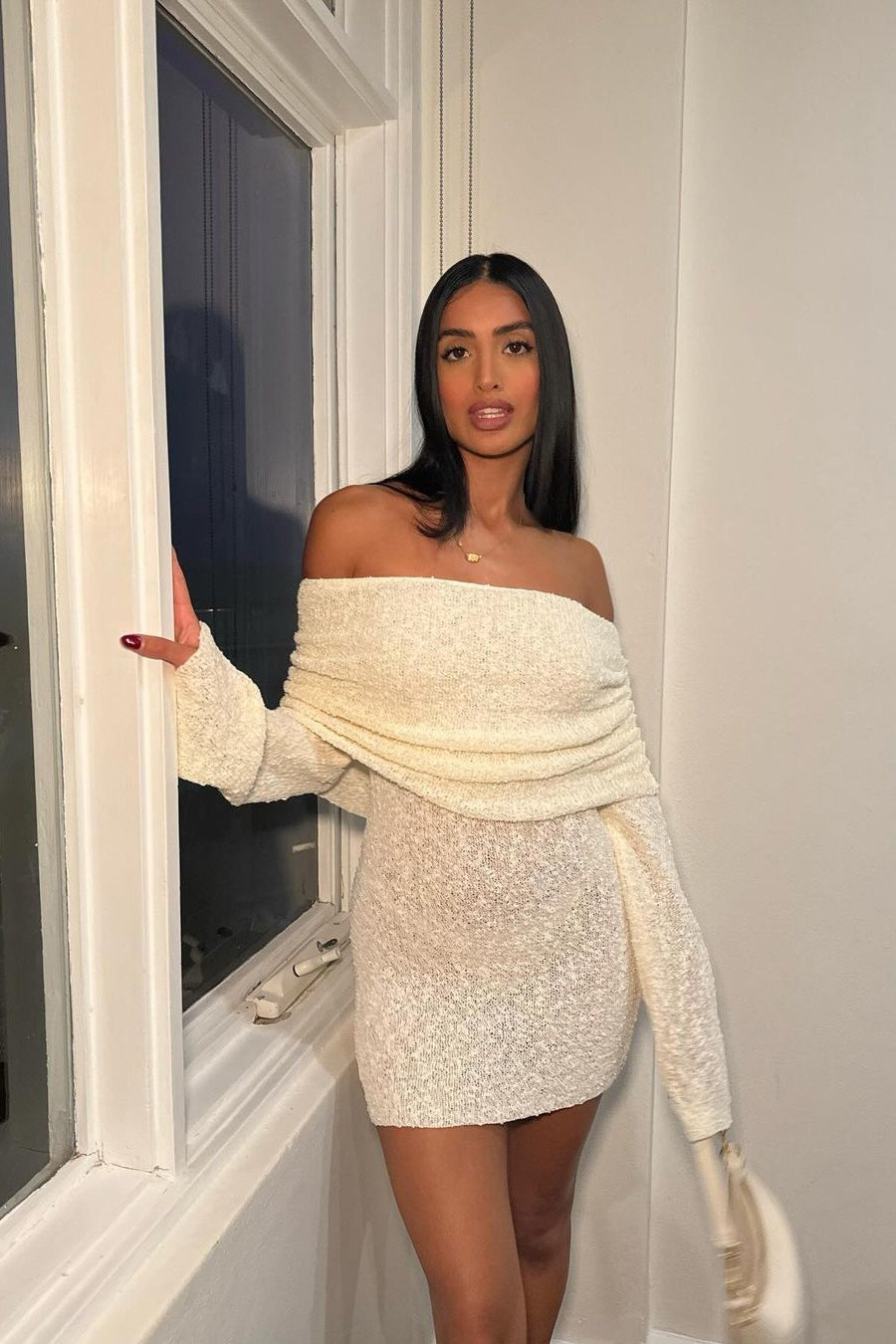 Valantomode | Chic Ivory Off-Shoulder Boucle Mini Dress for Effortless Style