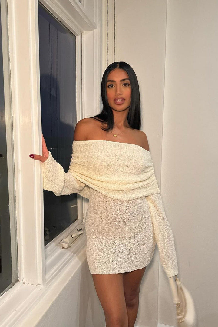 Valantomode | Chic Ivory Off-Shoulder Boucle Mini Dress for Effortless Style
