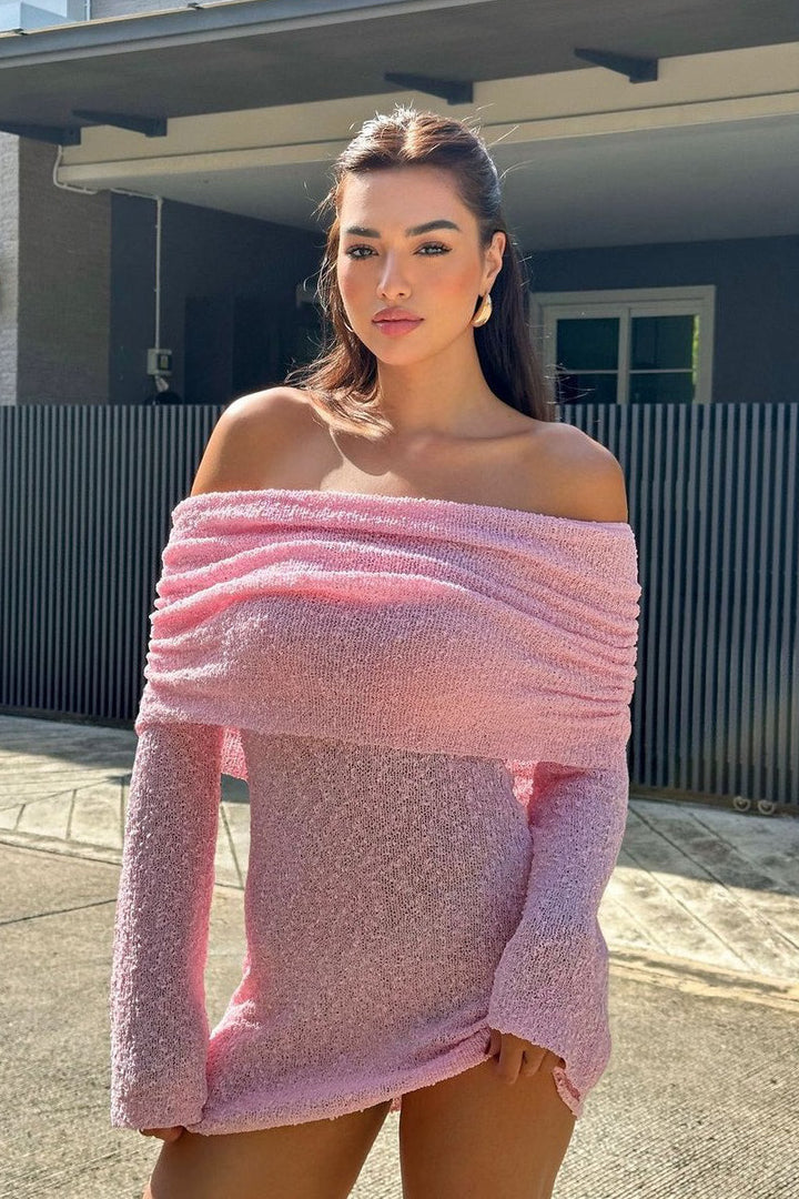Valantomode | Chic Off-Shoulder Boucle Mini Dress in Rosa