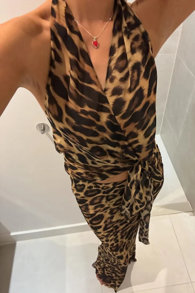Valantomode | Chic Brown Leopard Wrap Top & Maxi Skirt Set