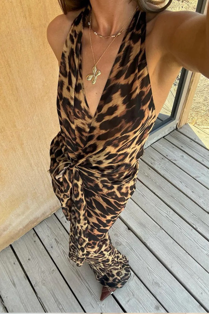 Valantomode | Chic Brown Leopard Wrap Top & Maxi Skirt Set