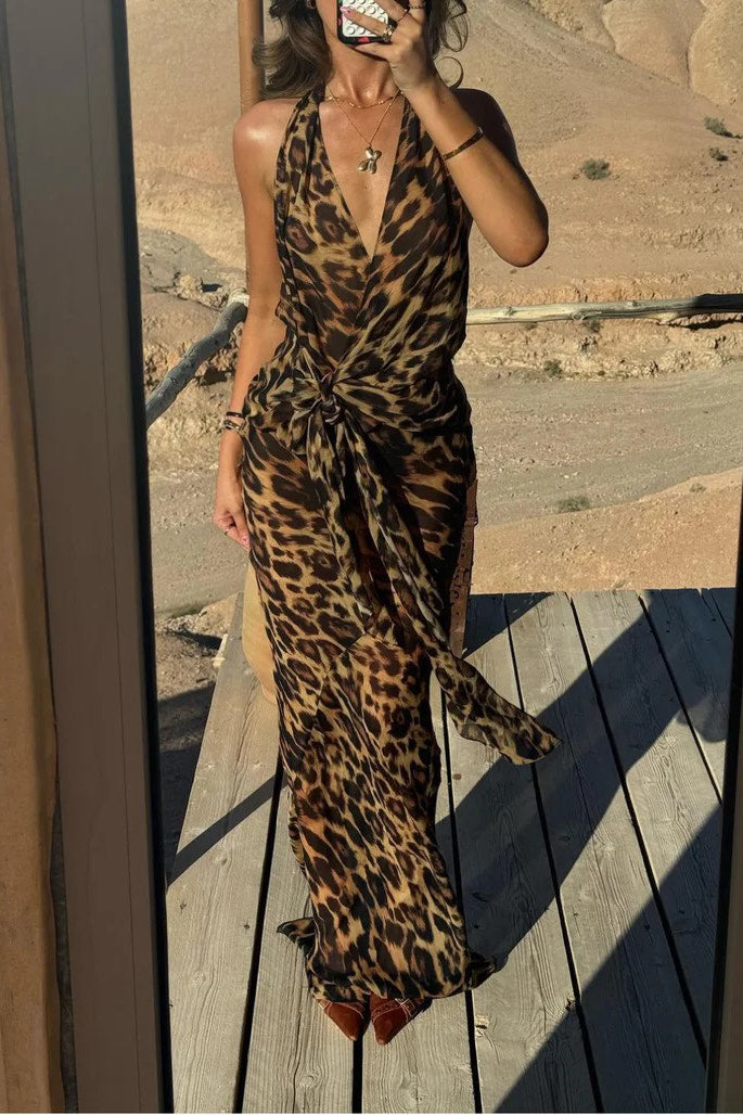 Valantomode | Chic Brown Leopard Wrap Top & Maxi Skirt Set