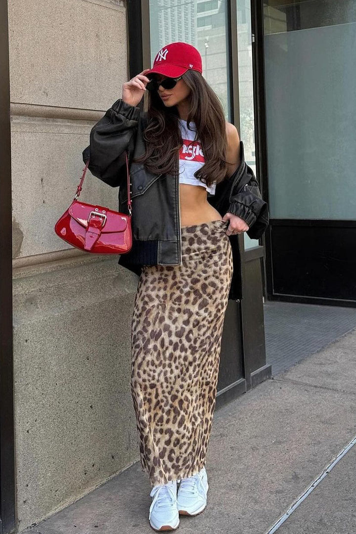 Valantomode | Chic Brown Leopard Print Chiffon Maxi Skirt for Effortless Style