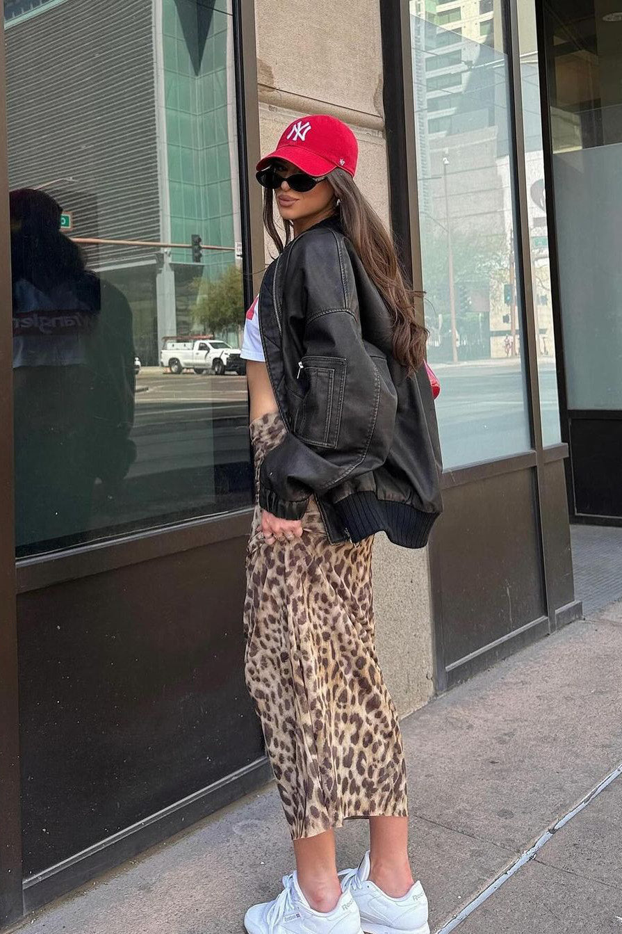 Valantomode | Chic Brown Leopard Print Chiffon Maxi Skirt for Effortless Style