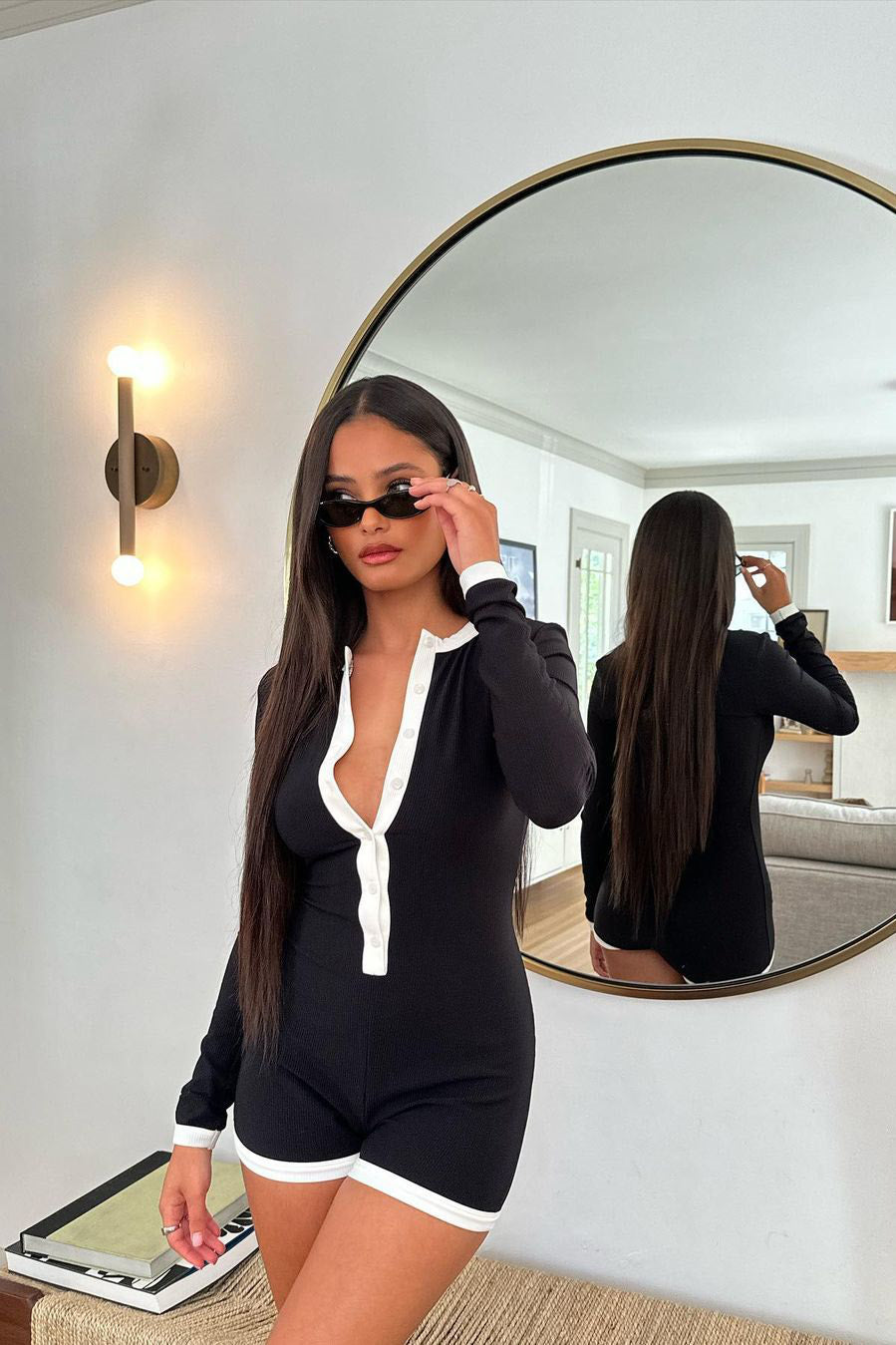 Valantomode | Chic Black Ribbed Long Sleeve Playsuit for Effortless Style